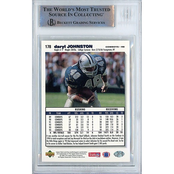 Daryl Johnston Signed Upper Deck Football Card Cowboys Autograph Beckett Slab 95 - Picture 2 of 4